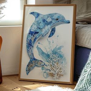 Poster verticale opaco con mosaico di delfini "Ocean Vibes" per case sulla spiaggia e interni nautici, stampa artistica costiera, decorazione con vita sottomarina, blu