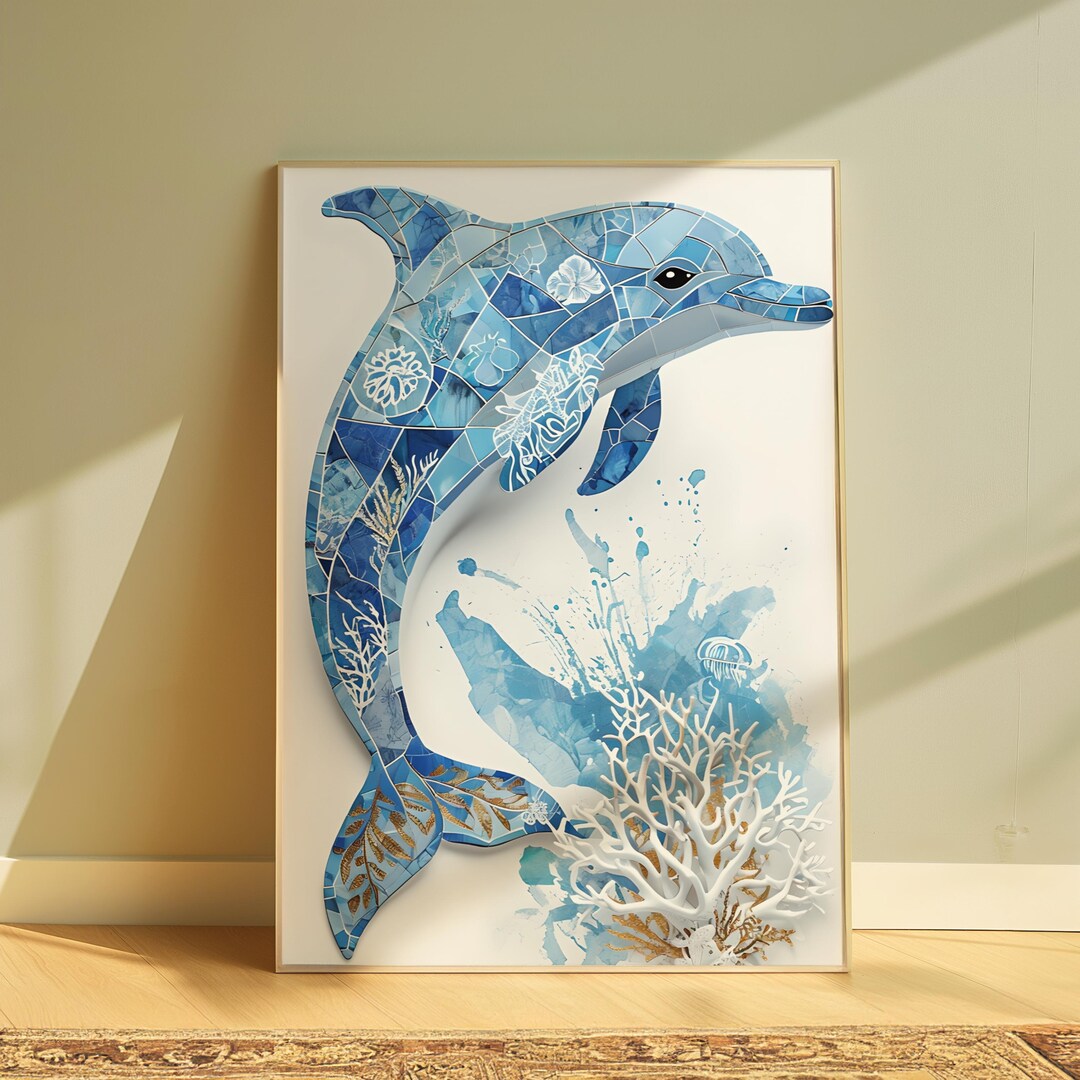 Ocean Dolphin Mosaic Wall Art | Blue Sea Life Digital Print | Coastal ...