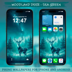 Woodland Deer, Sea Green, Phone Wallpaper, Background for phone, Android and ios aesthetic, Forest art, Dark wallpaper, Animal print
