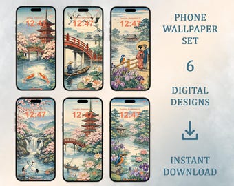 Escenas de acuarela primaverales al estilo japonés: 6 fondos de pantalla para tu teléfono (descarga digital, iPhone, Android)