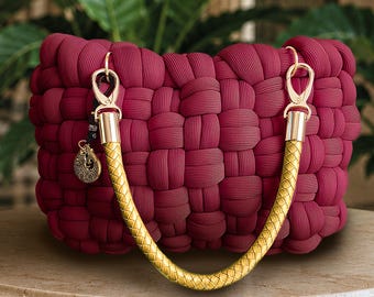 Berry Red Chunky Knit Handbag, Handmade Woven Purse, Statement Shoulder Bag, Gift for Her