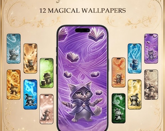 May include: A digital collection titled Fantasy Cat Collection 12 MAGICAL WALLPAPERS featuring a central smartphone displaying a purple background with a cat in a hooded cloak and floating books, surrounded by twelve smaller smartphone screens.