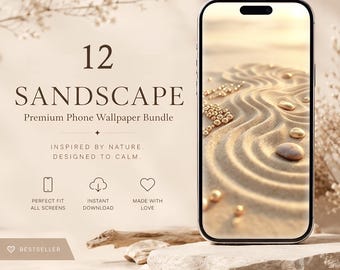 May include: A smartphone displaying a sandscape wallpaper with wavy patterns and small stones. Text reads: 12 SANDSCAPE Premium Phone Wallpaper Bundle, INSPIRED BY NATURE. DESIGNED TO CALM. Icons for screen fit, download, and love are present.