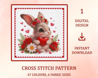 Bunny with a Heart Cross Stitch Pattern: Nursery Decor (Digital Download, Medium Difficulty)