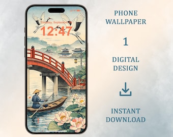 Nenúfares y grullas de corona roja: Fondo de pantalla japonés para teléfono (Descarga digital, iPhone, Android)