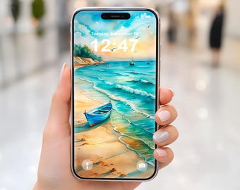 May include: A smartphone screen showing a watercolour beach scene with a blue boat on the shore. The screen displays the date and time: Tuesday, September 18, 12:47. The phone is held in a hand with painted nails.