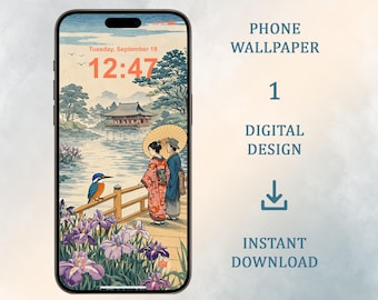 Lirios morados y martín pescador azul: Fondo de pantalla japonés para teléfono (Descarga digital, iPhone, Android)