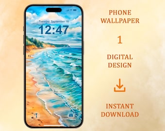 Fondo de pantalla para teléfono: Huellas en la arena: Acuarela de playa (Descarga digital, iPhone, Android)