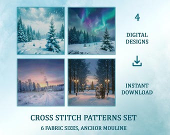 May include: A digital cross stitch patterns set with four winter scene designs. The image shows snowy landscapes, the text "Winter Collection", "4 Digital Designs", and "Instant Download". The set includes six fabric sizes and uses Anchor Mouline thread.