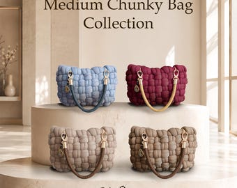 May include: Four medium chunky bags from the Maliso collection, featuring a woven, knotted texture. The bags are light blue, deep burgundy, light beige, and dark beige, each with a contrasting braided handle, gold-tone hardware, and a small charm.