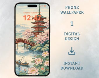 Pagoda en un jardín floreciente: Fondo de pantalla japonés para teléfono (Descarga digital, iPhone, Android)