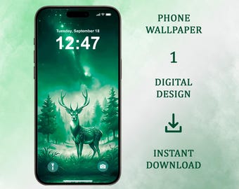 Fondo de pantalla para teléfono: Ciervo del bosque verde: Fondo de bosque místico (Descarga digital, iPhone, Android)