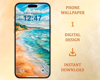 Fondo de pantalla de olas de surf para teléfono: Acuarela de playa de arena (Descarga digital, iPhone, Android)