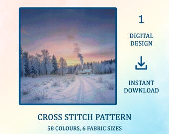 May include: A cross stitch pattern named "Winter Morning" depicting a snow-covered scene with a path to a cabin. The design uses 58 colours and is offered in 6 fabric sizes. The digital design is available for instant download.