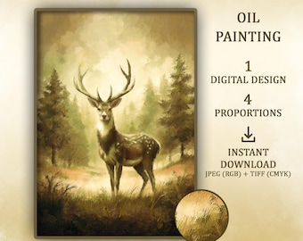 Un ciervo en la niebla dorada: pintura al óleo imprimible (decoración del hogar, impresiones digitales)