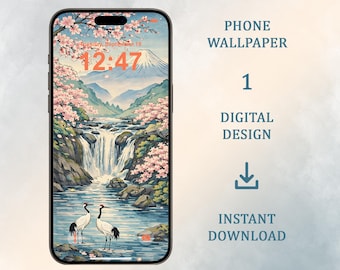 Grullas de corona roja junto a la cascada: fondo de pantalla japonés para teléfono (descarga digital, iPhone, Android)