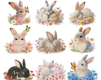 May include: Nine watercolour clipart and stickers featuring fluffy bunnies surrounded by flowers and butterflies. The bunnies are in various poses, with soft fur and expressive eyes. Text reads "Fluffy Bunnies Collection" and "9 Watercolour Clipart and Stickers".