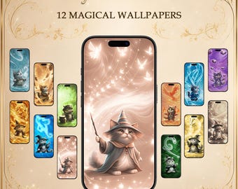Magic Cat Wallpapers Bundle, Kawaii Wizard Kitty Phone Backgrounds, Fantasy Animal Art, Digital Download
