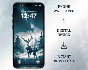 Fondo de pantalla de ciervo gris del bosque: Fondo de bosque místico (Descarga digital, iPhone, Android)