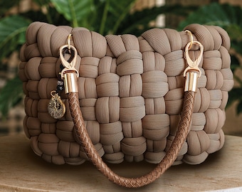 Coffee Brown Chunky Knit Handbag, Handmade Woven Purse, Luxury Everyday Bag, Gift for Her