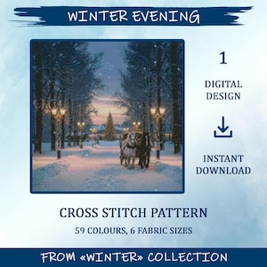以下が含まれることがあります： 「Winter Evening」というタイトルのクロスステッチパターン。雪道を進む馬車が登場する冬のシーンを描いています。デザインは59色で、6種類の生地サイズで利用できます。「Digital Design」と「Instant Download」の文字も含まれています。