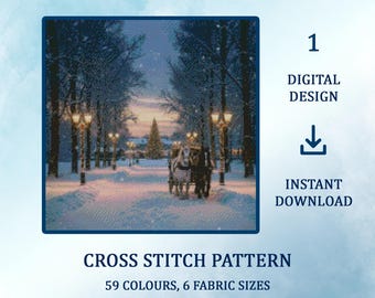 May include: A cross stitch pattern named "Winter Evening" depicting a winter scene with a horse-drawn carriage on a snow-covered road. The design uses 59 colours and is available in 6 fabric sizes. The image also includes the text "Digital Design" and "Instant Download".