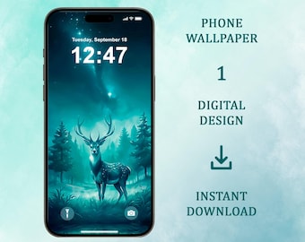 Fondo de pantalla para teléfono con ciervo del bosque verde mar: Fondo de bosque místico (Descarga digital, iPhone, Android)