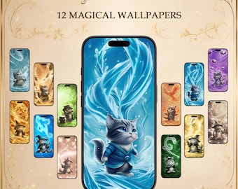Magic Cat Wallpapers for Girls, Fantasy Kitty Phone Background Bundle, Instant Download