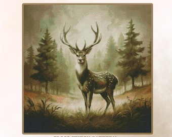 Patrón de punto de cruz "La hora del ciervo": Bordado de animales del bosque dorado (Patrón en PDF, dificultad difícil)
