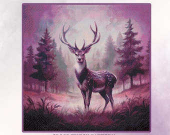Patrón de punto de cruz "La hora del ciervo": Bordado de animales del bosque púrpura (Patrón en PDF, dificultad difícil)