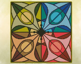 May include: A vibrant cross-stitch design with the text "MULTICOLORED AVOCADO." The pattern showcases a geometric arrangement with segments of green, blue, red, and brown. The text "CROSS STITCH PATTERN" and "EASY EMBROIDERY DESIGN" are also present.