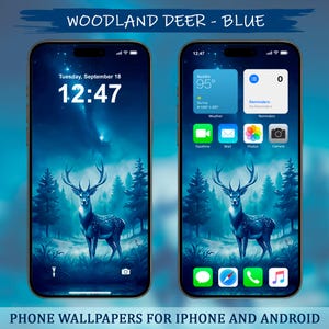 Woodland Deer, Blue, Phone Wallpaper, Background for phone, Android and ios aesthetic, Forest art, Dark wallpaper, Blue bg, Animal print