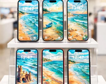 May include: Six smartphones on a white shelf, each displaying a beach scene wallpaper with the time 12:47. The phones have black, white, and red frames. The beach wallpapers feature blue water, sand, and a blue boat.