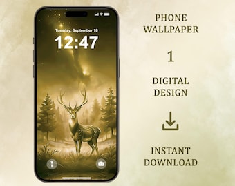 Fondo de pantalla de ciervo dorado del bosque: Fondo de bosque místico (Descarga digital, iPhone, Android)