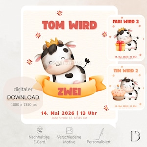 Invitación digital personalizada "Vaca" | Fiesta de cumpleaños infantil | Tarjeta electrónica | WhatsApp | Correo | Enviar digitalmente | Descargar | Infantil