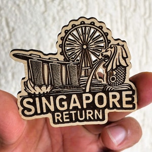 Singapore Wooden Fridge Magnet – Laser-Cut Souvenir Featuring Marina Bay Sands, Merlion & Singapore Flyer – Perfect Travel Keepsake
