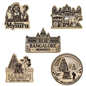 Karnataka Wooden Fridge Magnet Combo- Set of 5 Handcrafted Heritage Souvenirs Featuring Iconic Local Landmarks