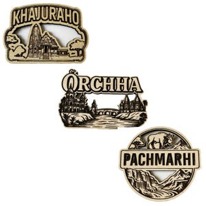 Juego de imanes de madera para nevera de Madhya Pradesh: recuerdos artesanales (juego de 3) / Decoración para el hogar inspirada en viajes de la India.