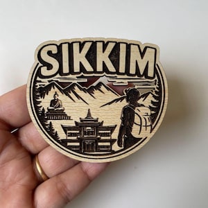 Sikkim Travel Souvenir Fridge Magnet – Wooden Magnet Featuring Himalayan Majesty & Monastery Trek Design, Wooden Travel Design&quot;