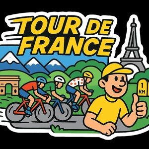 May include: A colorful graphic featuring the text "TOUR DE FRANCE" above a scene of cyclists racing. The image includes the Eiffel Tower, mountains, and a person giving a thumbs up. The background is black.