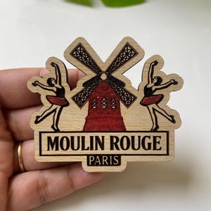 Moulin Rouge Paris Wooden Fridge Magnet – Laser-Cut Souvenir Featuring Iconic Windmill & Dancer | Vintage Paris Travel Gift