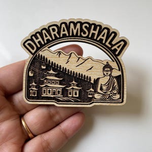Dharamshala Wooden Fridge Magnet – Handcrafted Himalayan Souvenir Featuring Buddha & Scenic Mountain Landscape
