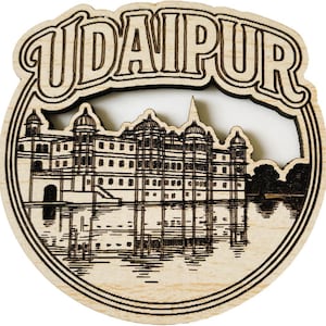 Udaipur Wooden Fridge Magnet – City Palace Souvenir with Lake Reflection Art | Handcrafted Travel Gift from Rajasthan
