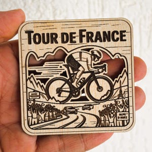 Tour de France Wooden Fridge Magnet ,Handmade Laser Cut Souvenir ,Featuring Cyclist Mountain Climbs and Iconic Crowds Keepsake