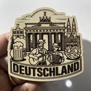 Deutschland Wooden Fridge Magnet – Traditional German Culture Souvenir with Brandenburg Gate, Musicians, Beer, Pretzel & Cathedrals