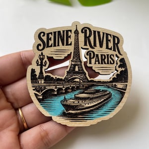 Seine River Paris Wooden Fridge Magnet – Laser-Cut Souvenir Featuring Eiffel Tower ,Cruise Boat | Handmade Paris Travel Gift