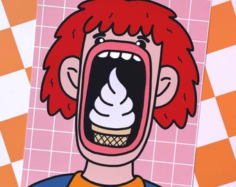 Puede incluir: Una lámina de arte rectangular con una ilustración de dibujos animados de una persona con el pelo rojo brillante y la boca muy abierta. Dentro de la boca hay un cono de helado blanco. La persona lleva una camisa azul con cuello naranja.