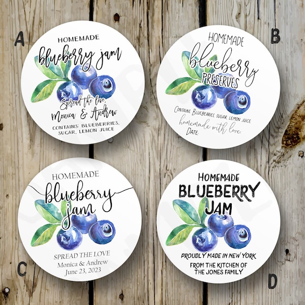 Custom Blueberry Jam Labels, Printed Blueberry Jam Stickers, Personalized Preserves Sticker, DIY Homemade Wedding Favor, Product Label