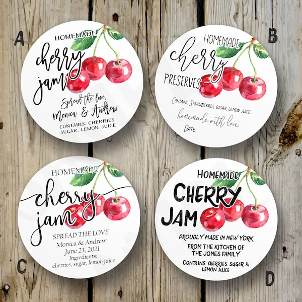 Aangepaste Cherry Jam Labels, Gedrukte Cherry Preserves Stickers, Gepersonaliseerde Jelly / Spread Sticker, DIY Homemade Wedding Favor, Product Label