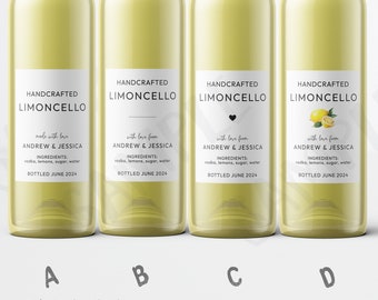 Aangepaste limoncello-labels, gedrukte citroencellostickers, gepersonaliseerde limoncellosticker, Italiaanse bruiloft, DIY zelfgemaakte bruiloft gunstlabel
